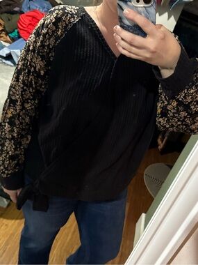 Black V-Neck Top with Floral Puff Sleeves